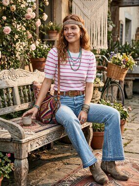 La‎ Miel Pink & Ivory Striped Ribbed Hems Lightweight Knit Top